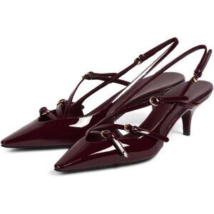 🆕Sling back Kitten Heel Women Burgundy Synthetic Pointed Toe Buckle Strap Pumps
